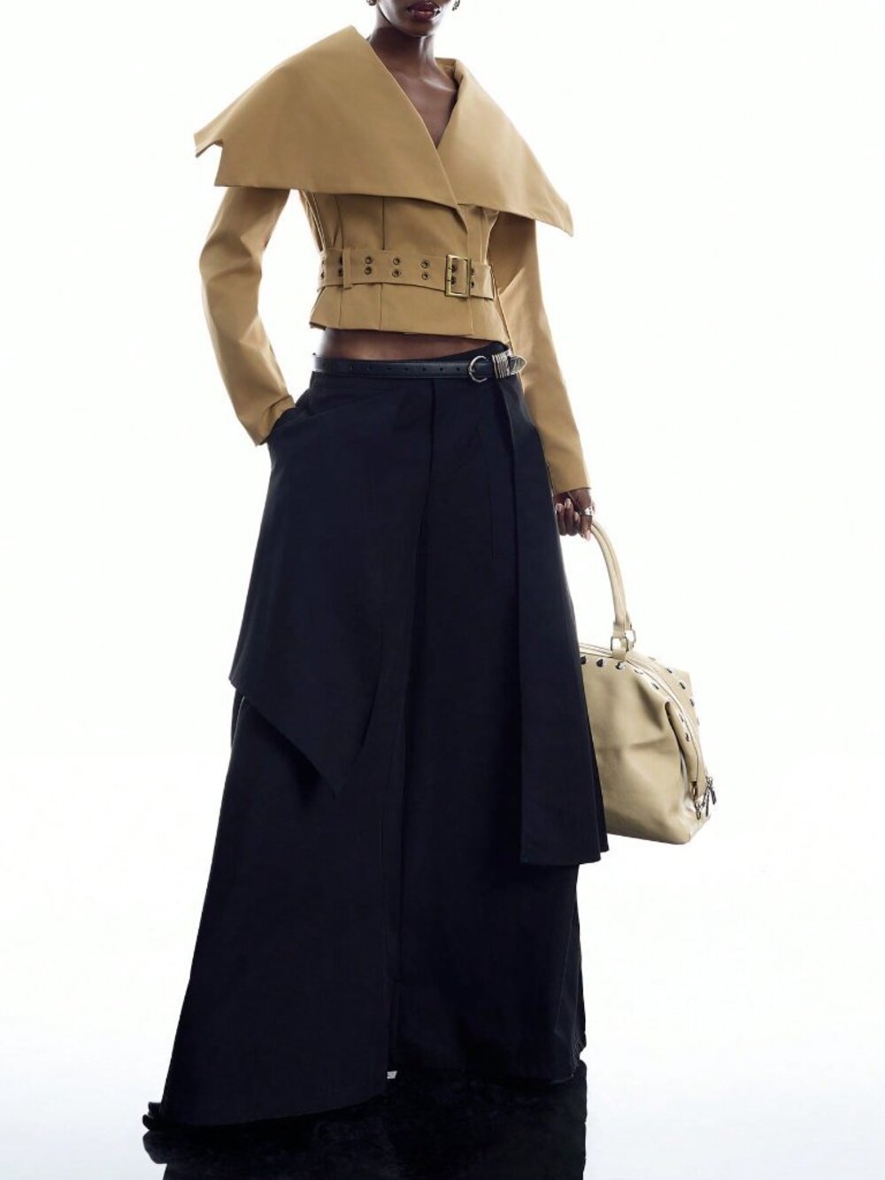 Khaki Casual Women's Large Lapel Waist Eyelet Buckle Trench Coat - Picture 4 of 8